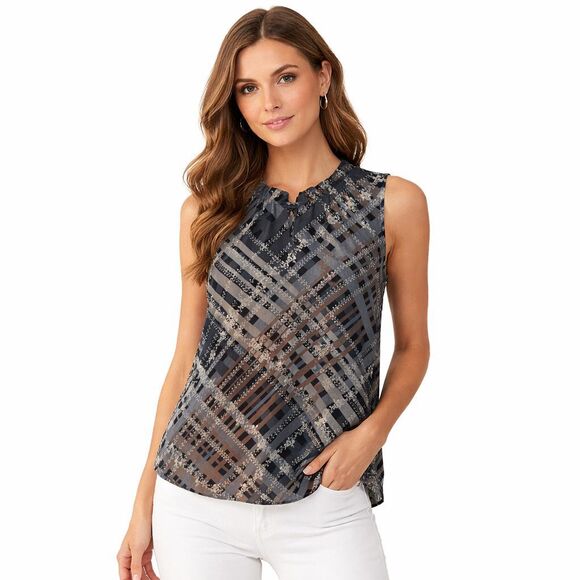 CAbi Tops - CAbi Blouse Womens Medium Gray Plaid Ruffle Neck Sleeveless Lightweight Top